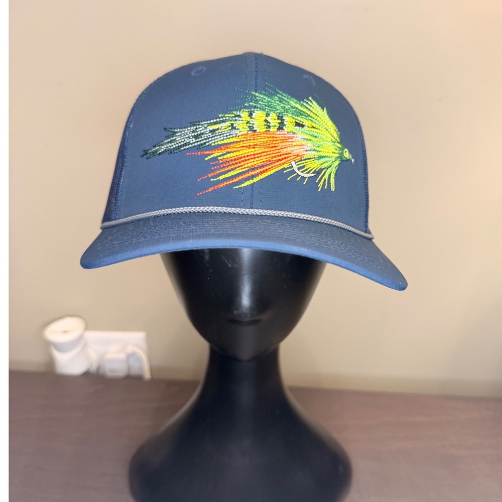 Paramount Fly Fishing Lure Embroidered Trucker Hat Navy Blue Mesh Snapback Cap